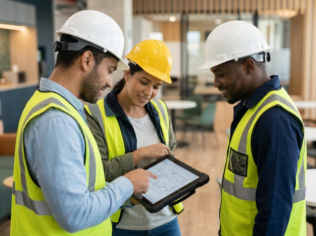 Collaborative group of industrial workers discussing safety practices.