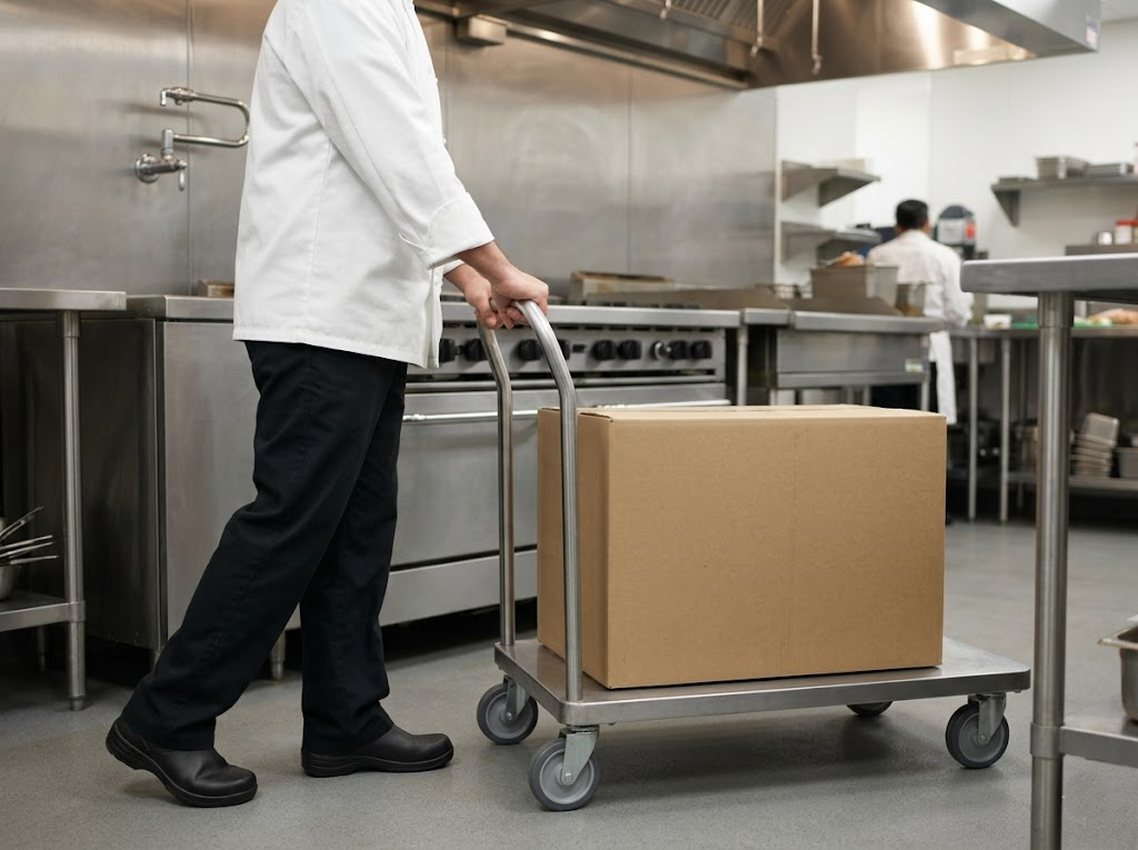 Kitchen worker using wheeled utility cart.