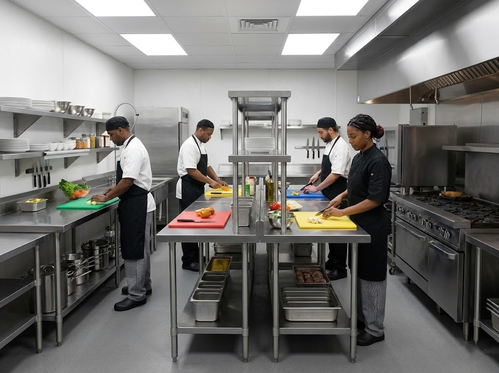 An organized kitchen prep line with cutting board risers and reach zones.