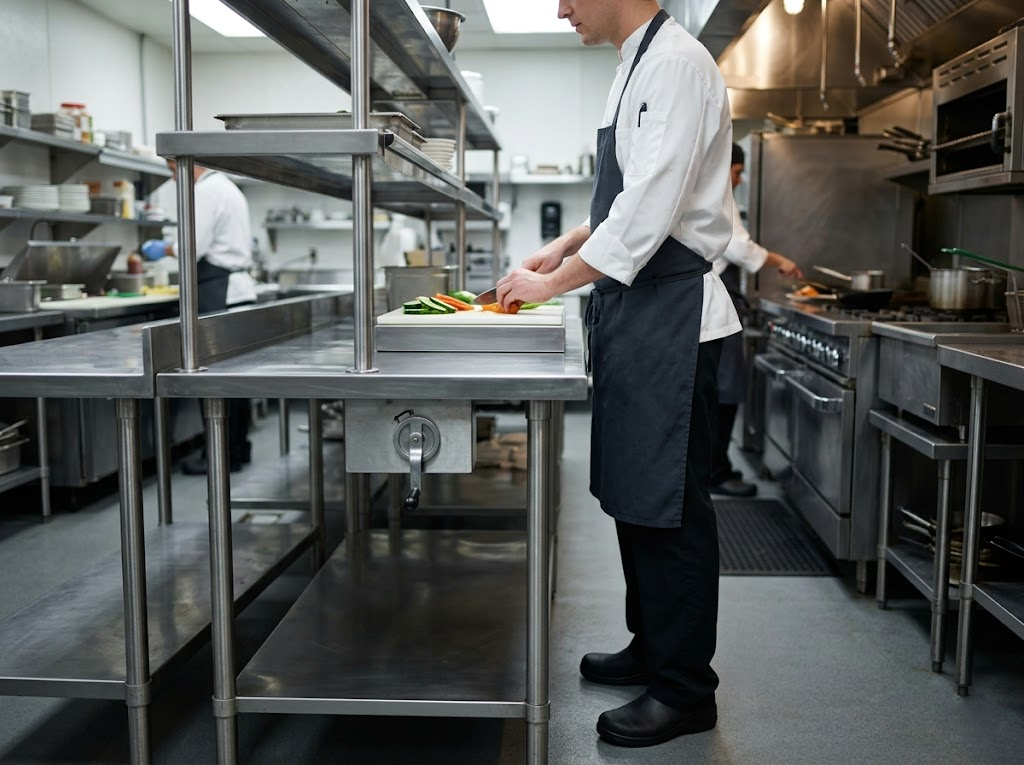 Chef upright at height-adjustable stainless steel table.