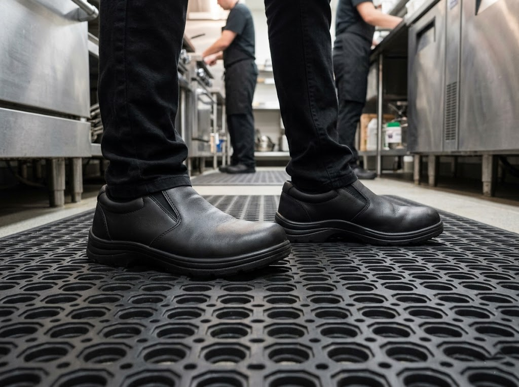 Supportive kitchen shoes on anti-fatigue matting.