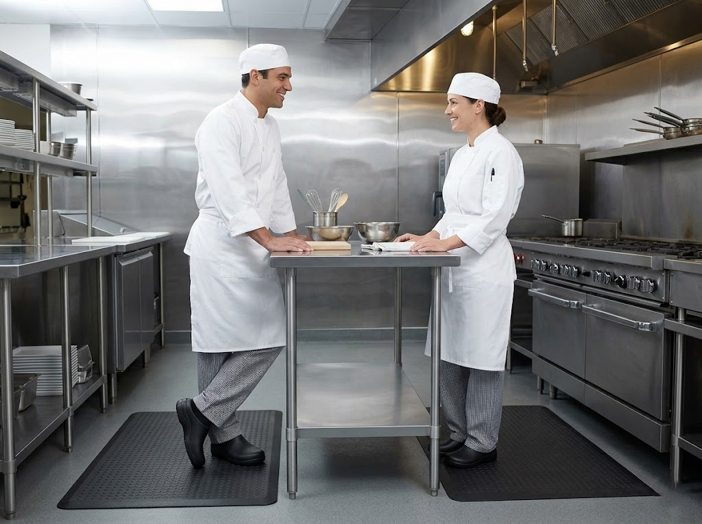 Comfortable kitchen staff discussing work tasks together.