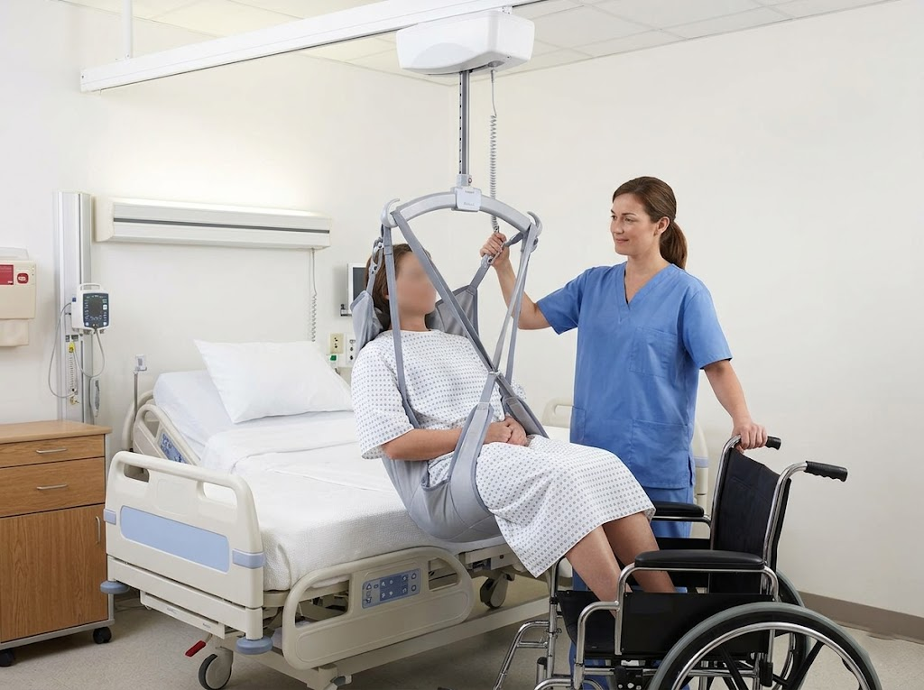 Ceiling-mounted patient lift in use by a nurse.
