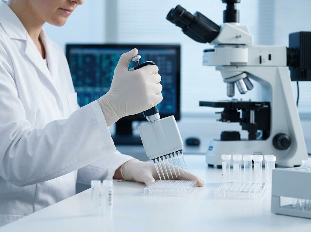 Lab technician using an electronic pipette with proper form.