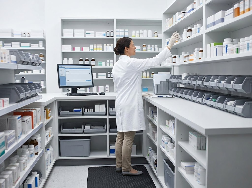Pharmacist standing on anti-fatigue matting.