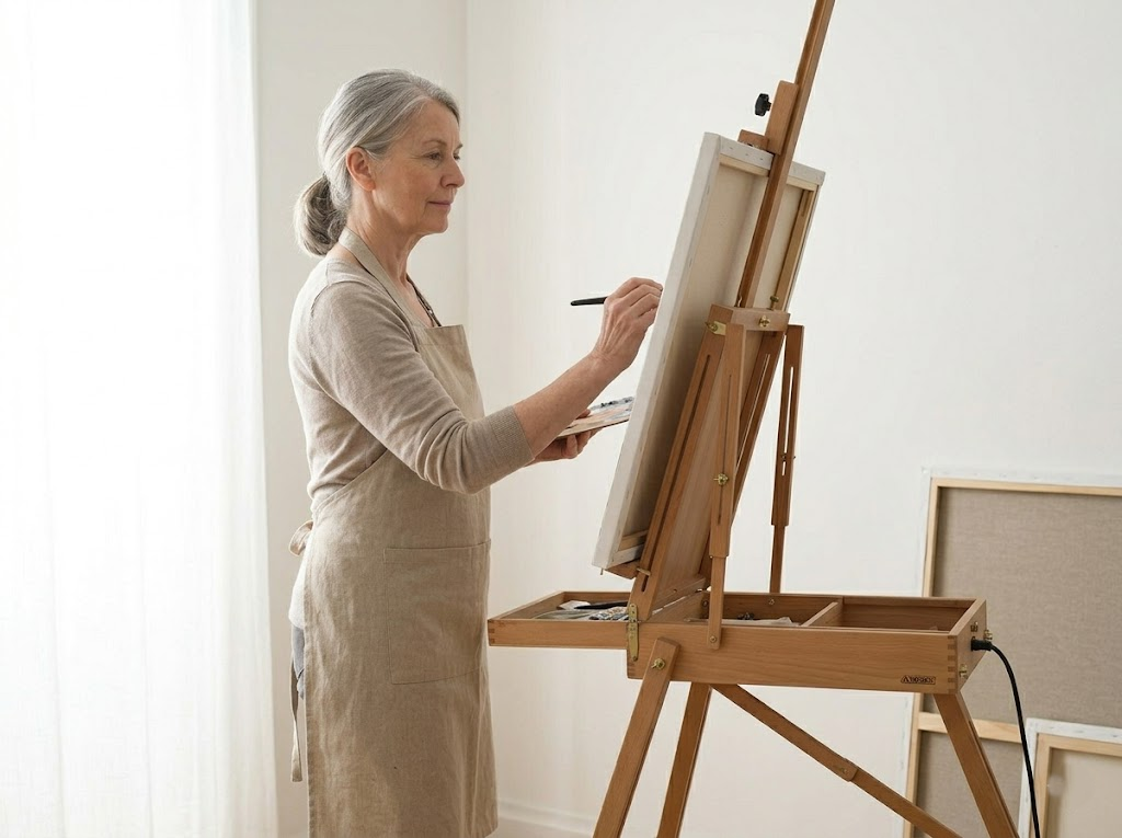 Traditional artist painting comfortably on an adjustable wooden easel.