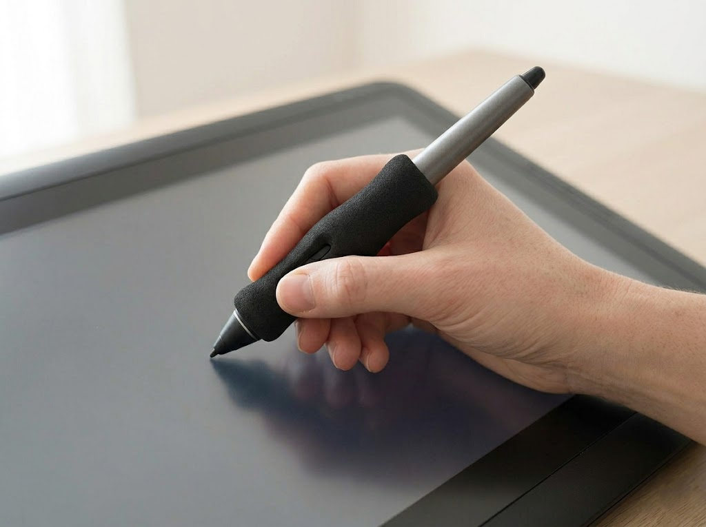Close-up of an artist's hand using thicker ergonomic tools.