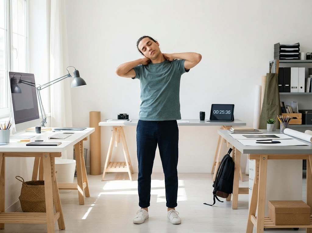 Artist stretching neck and wrists during work break.