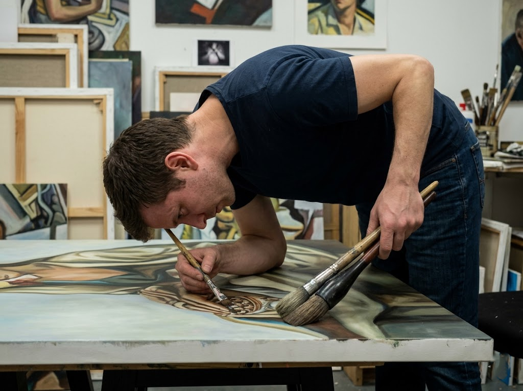  Strained artist contorting body on large canvas.