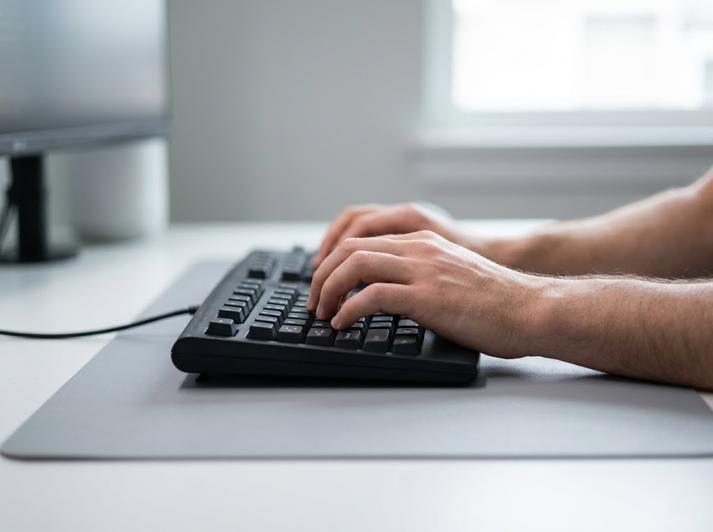 User typing on a negative slope ergonomic keyboard. 