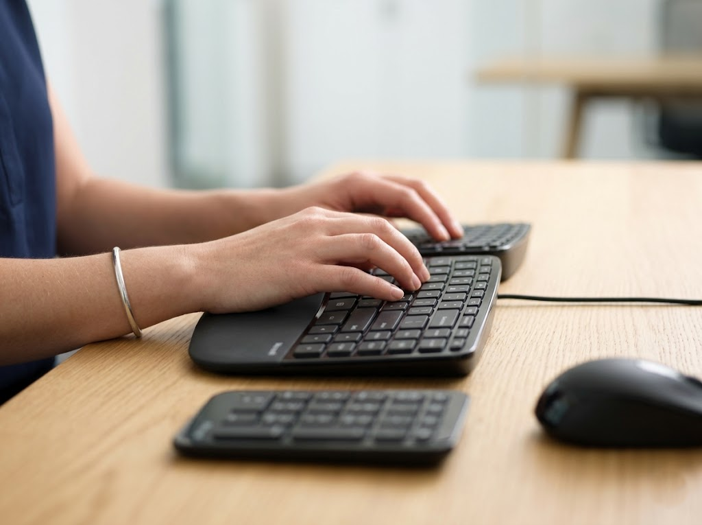 Typist using a domed ergonomic keyboard with straight wrists. 