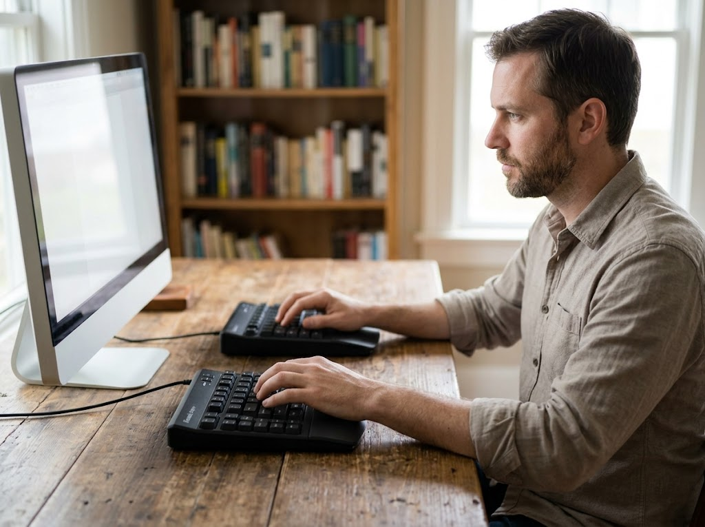 Writer with a widely spaced split keyboard, shoulders relaxed. 