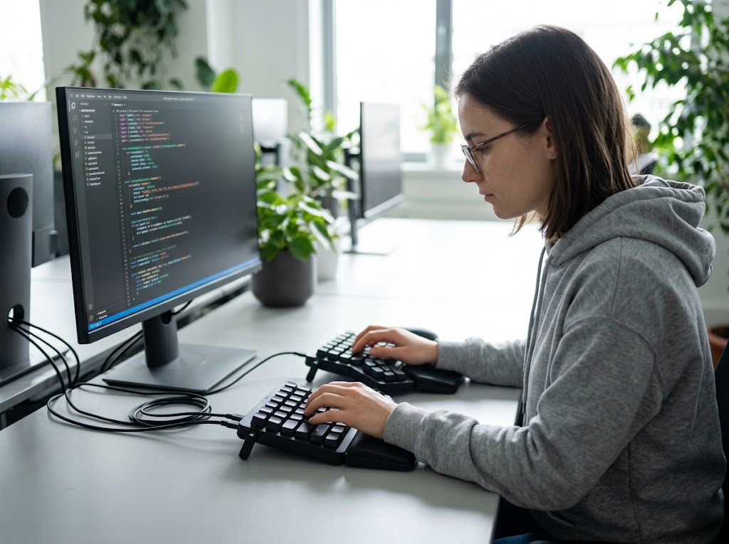 Programmer using a fully separated, specialized split keyboard. 