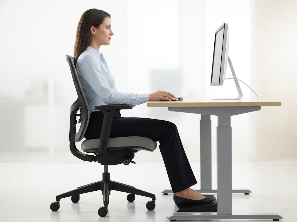 Side view showing neutral alignment at desk. 