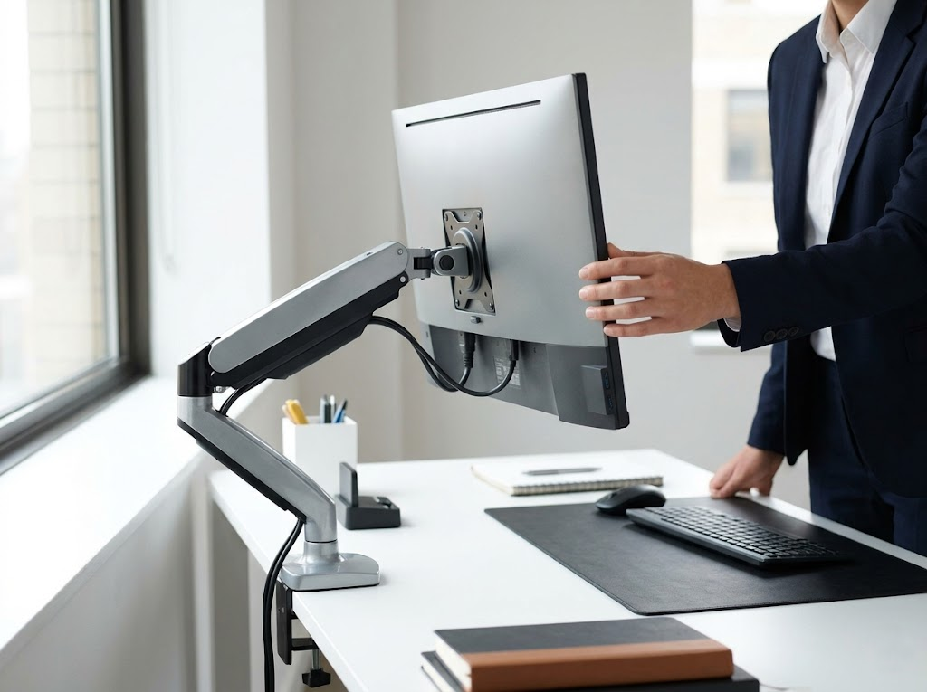 Adjusting the height of a monitor screen. 