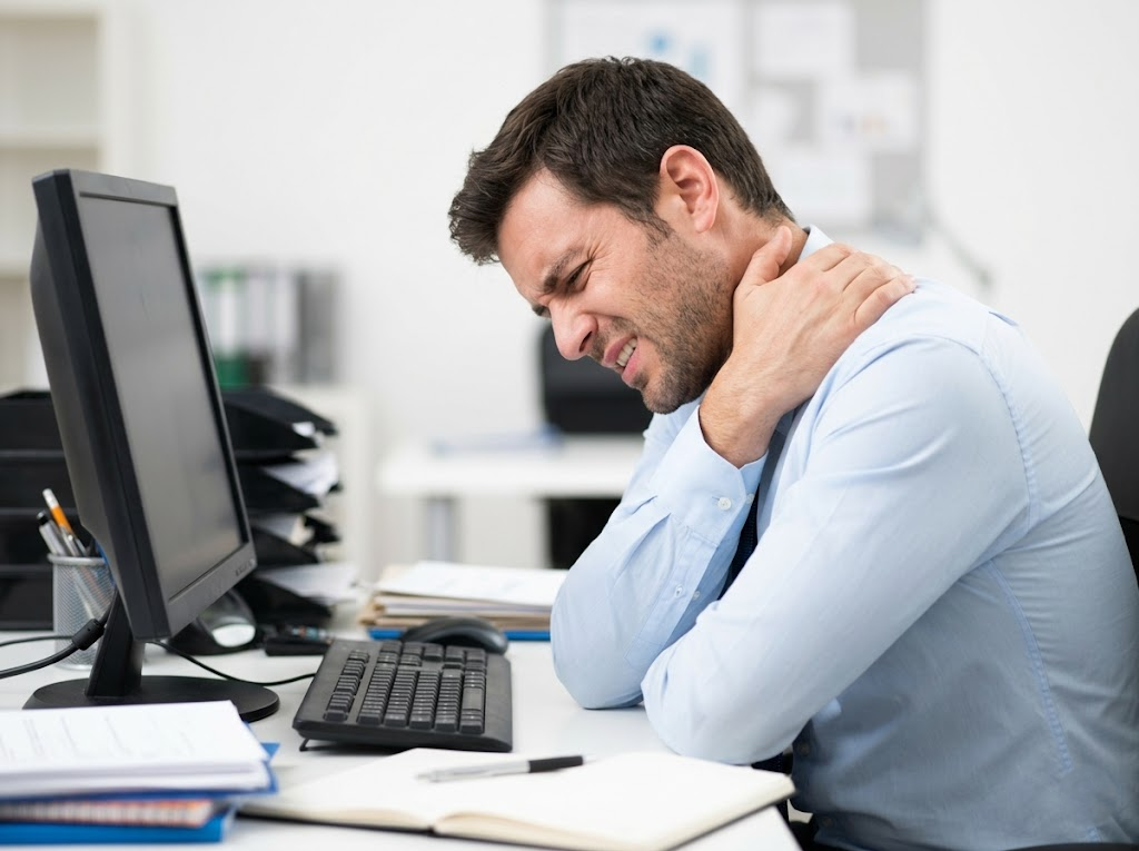 Worker experiencing shoulder and neck pain at the desk. 