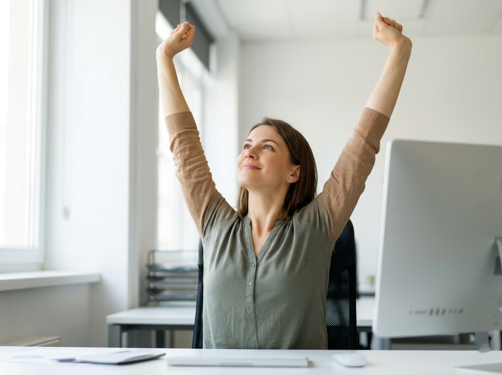 Woman stretching at her desk during a break. 