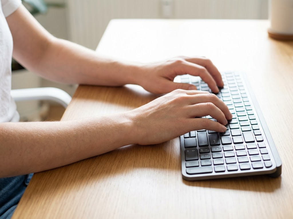 Straight wrists on keyboard with parallel forearms. 