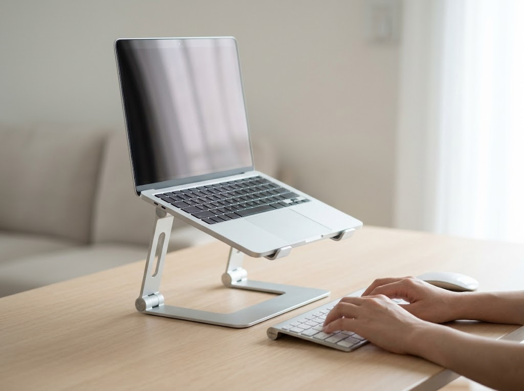 Laptop on a stand with an external keyboard.