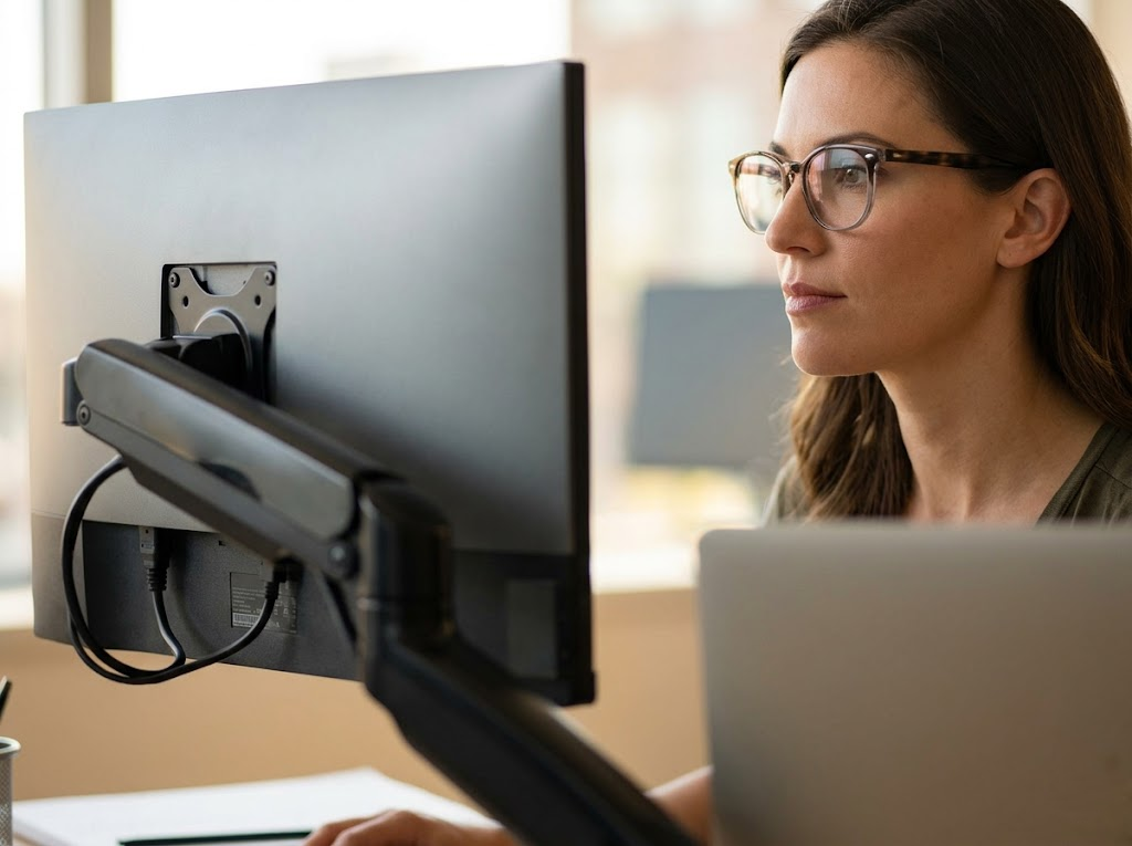 Woman with proper eye-to-monitor height alignment. 
