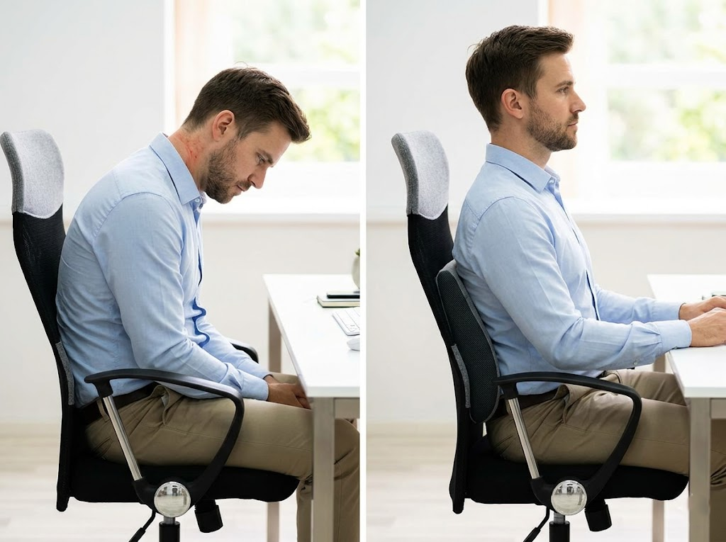 Man in before-and-after shot, correcting slouched posture. 
