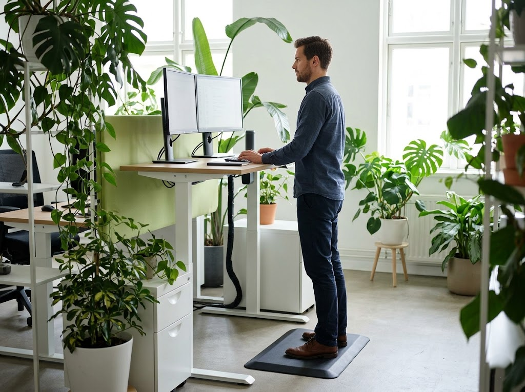 Active professional using a sit-stand desk correctly. 