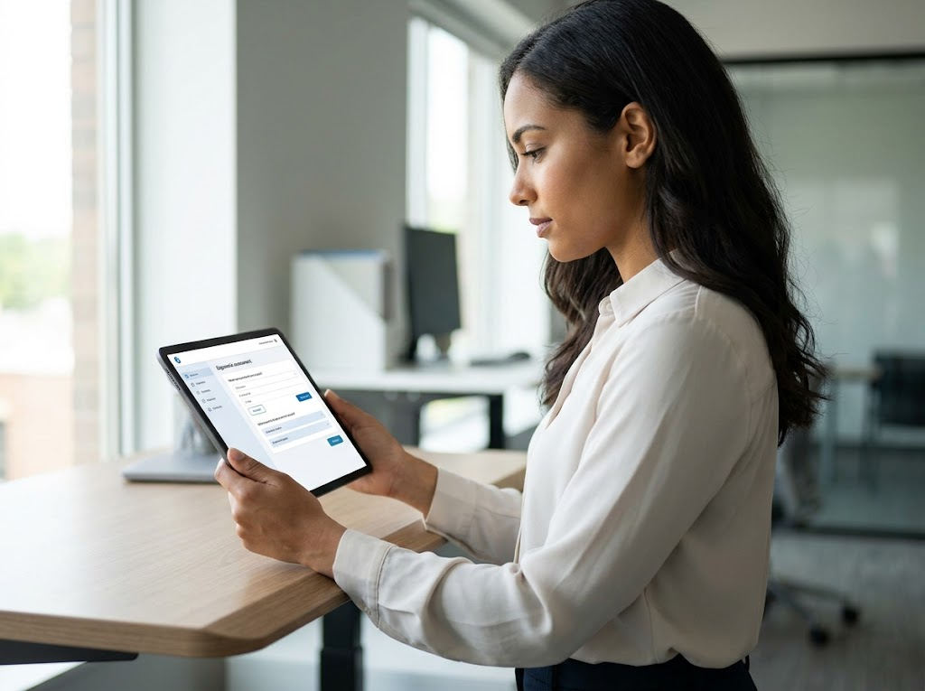 Focused employee performing ergonomic self-assessment on tablet. 