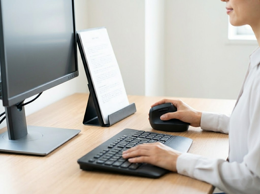 An ergonomic keyboard and vertical mouse.