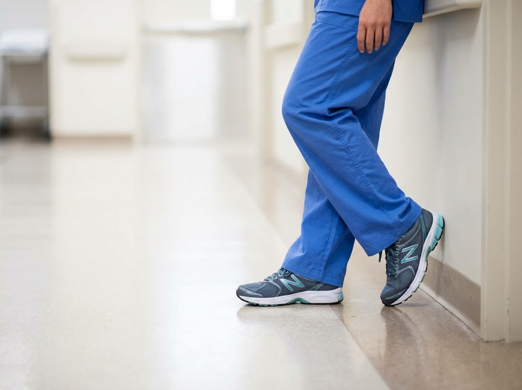 Nurse in scrubs resting tired feet on a hard floor. 
