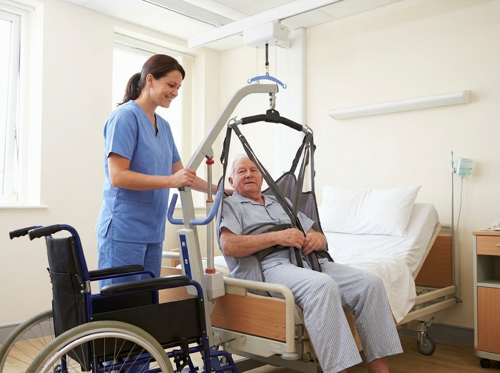 Nurse uses a mechanical lift to safely transfer a patient. 