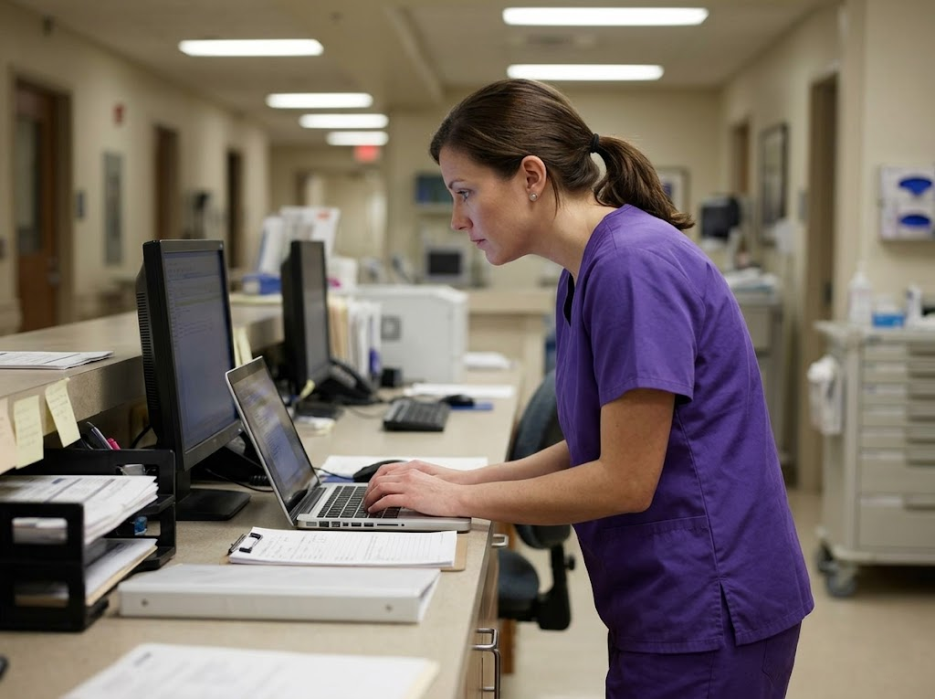 Nurse exhibiting poor posture while charting at night. 