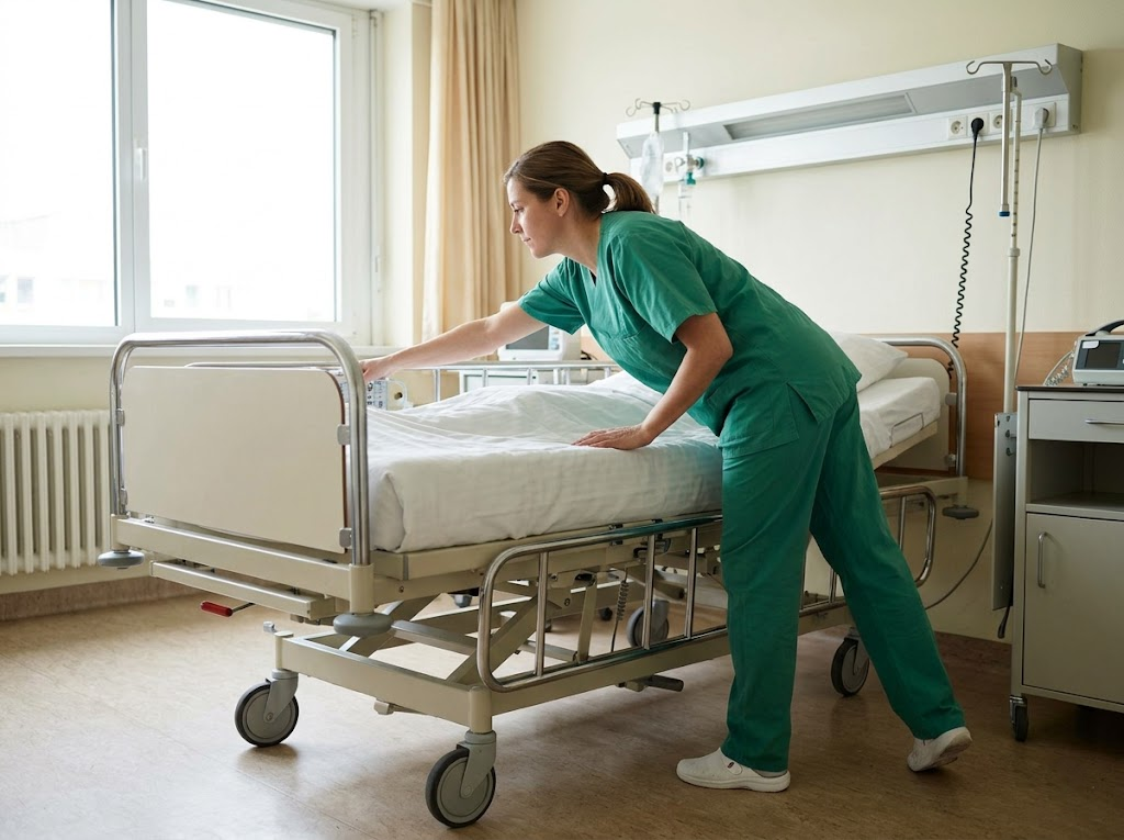 Nurse in green scrubs twisting awkwardly at a bedside. 