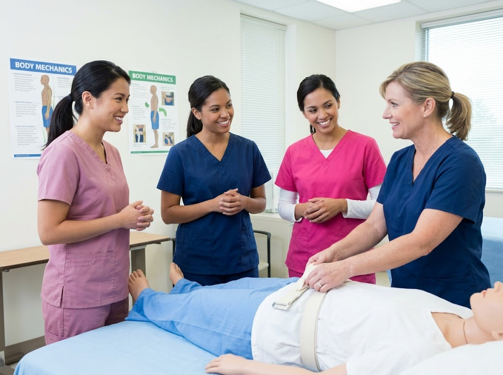 Group of diverse nurses participating in ergonomics training. 