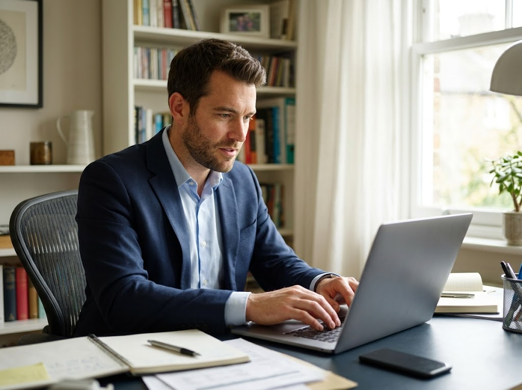 Remote worker working in a focused home office. 