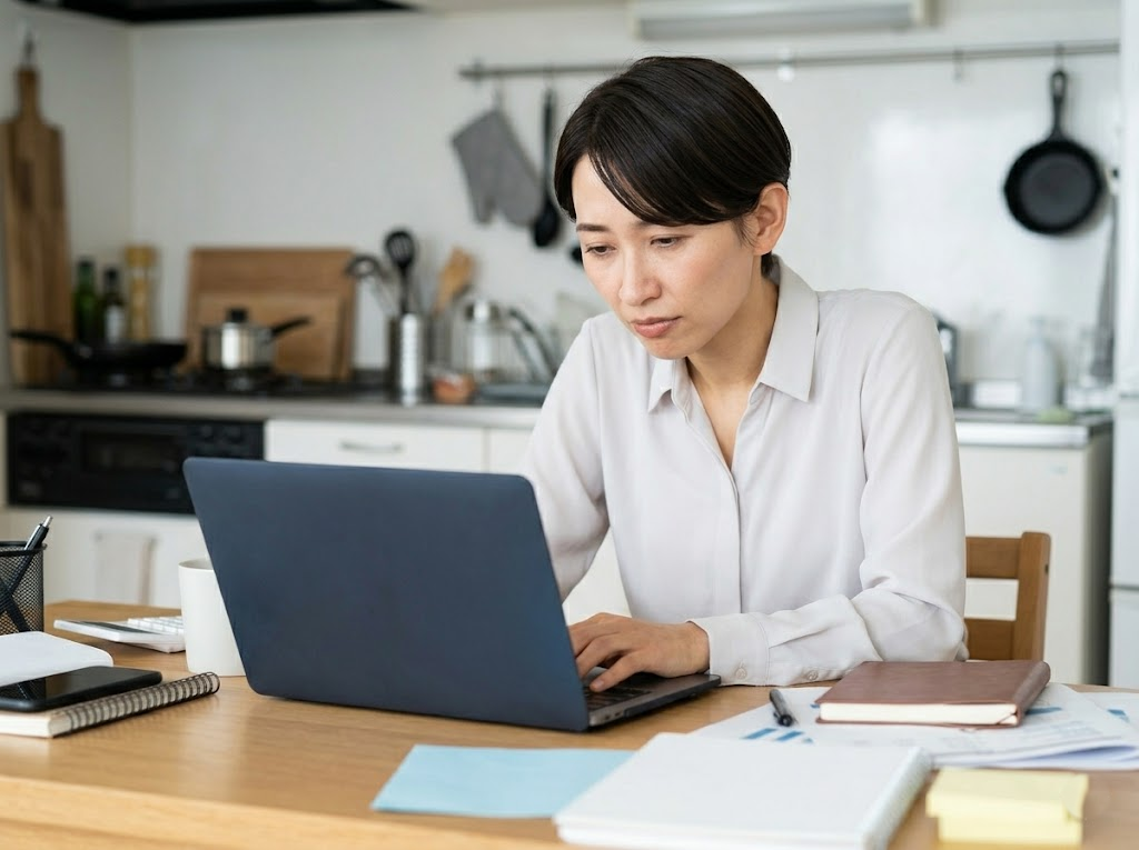 A worker slouching over a laptop at a kitchen table.
