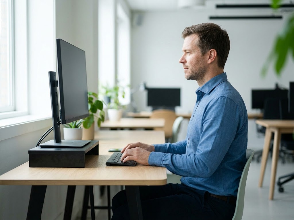 A worker with neutral neck posture, looking at a monitor. 