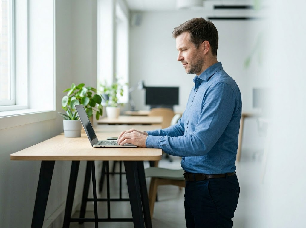 Worker standing comfortably at a height-adjustable standing desk. 