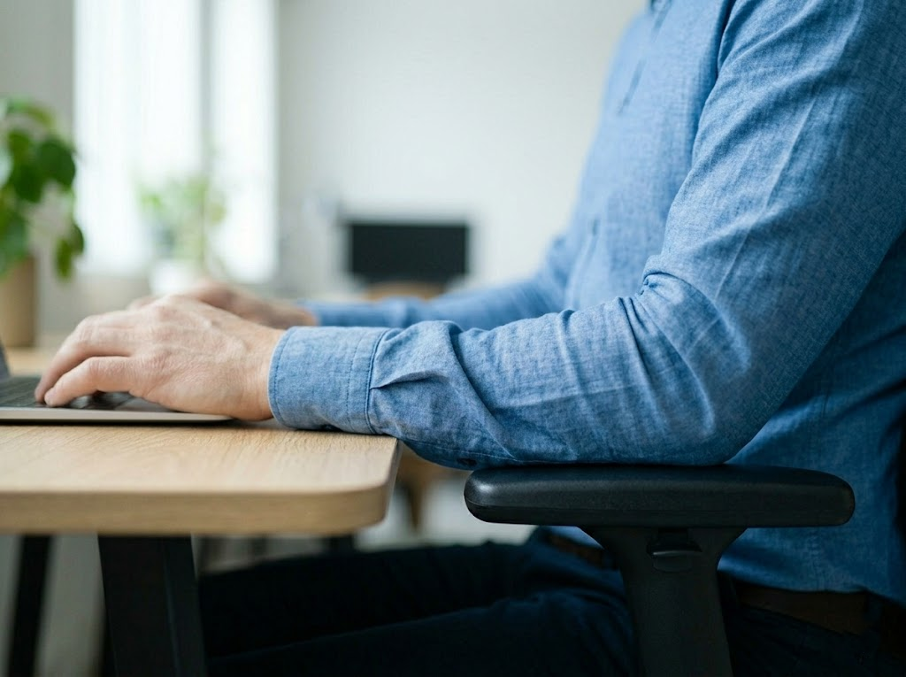 Worker's arms and hands at optimal height on a desk. 
