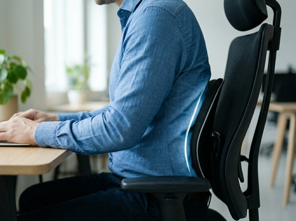 Ergonomic chair's lumbar support cradling a worker's back. 