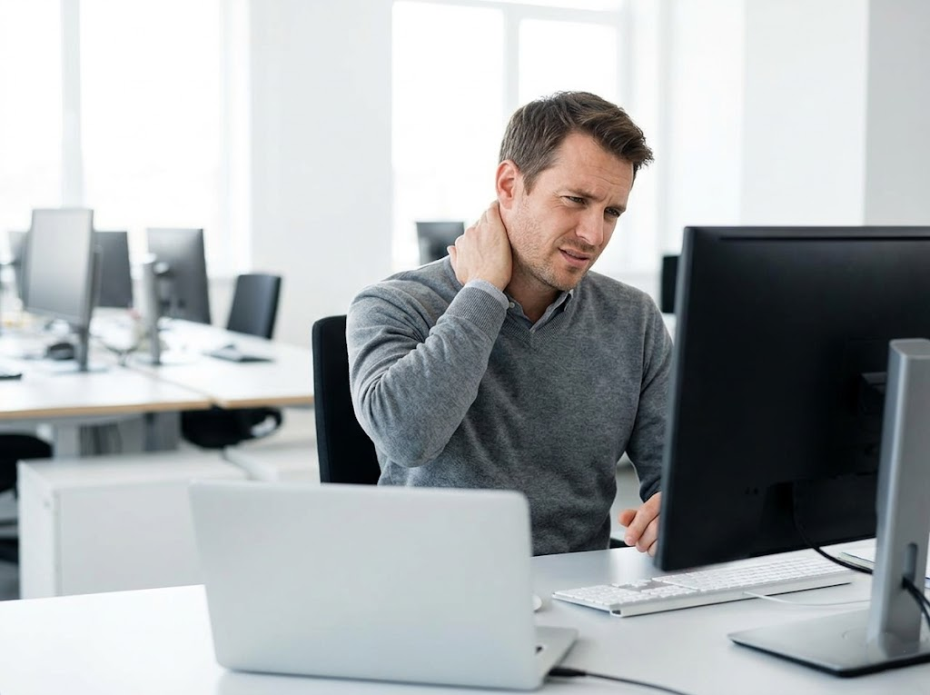 Office worker rubbing his neck due to bad office ergonomics. 