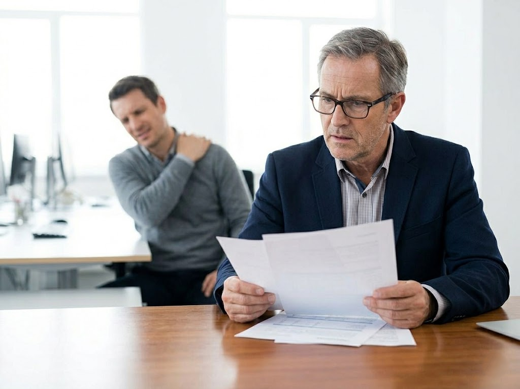 Manager working at a desk while an employee winces in the background. 