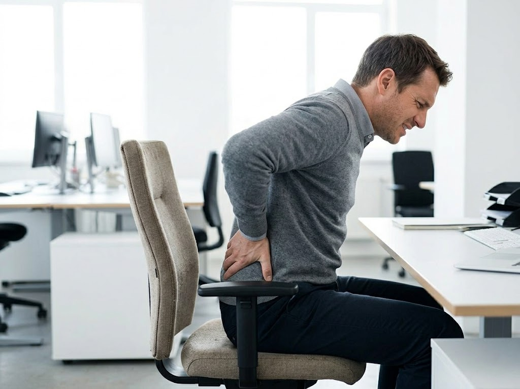 Office worker slouching forward, grimacing with lower back discomfort.