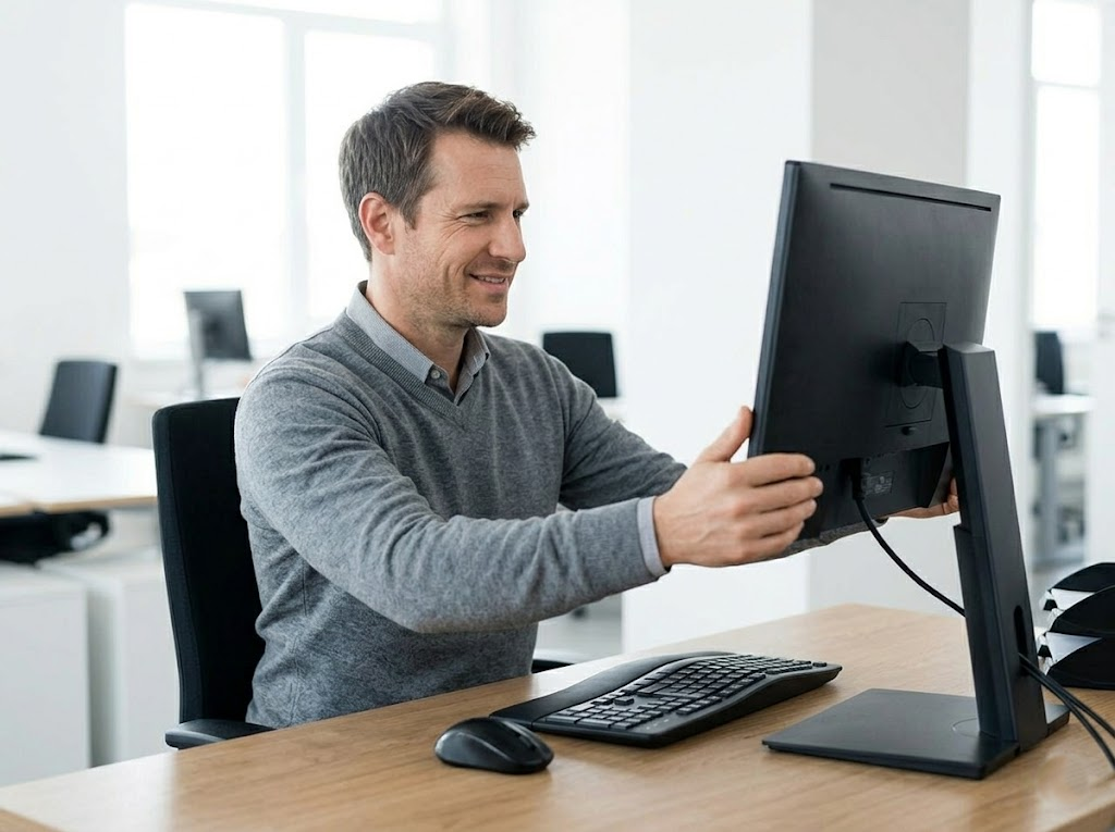 Smiling worker sitting upright, adjusting an ergonomic monitor stand. 