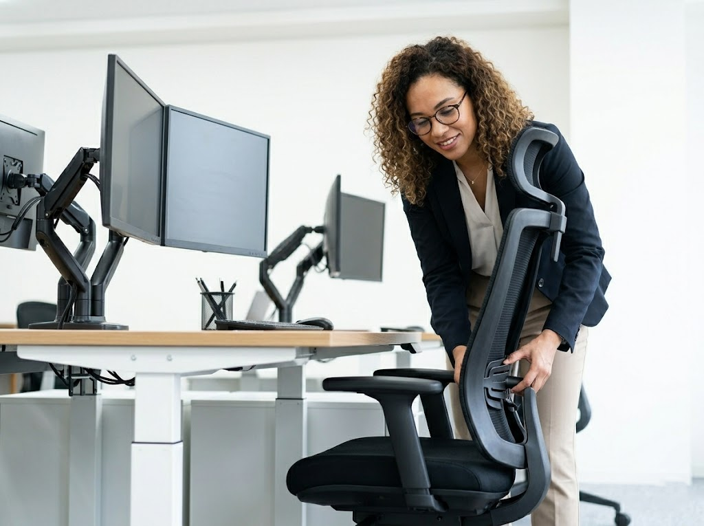 A person adjusting the ergonomic chair in a modern office.