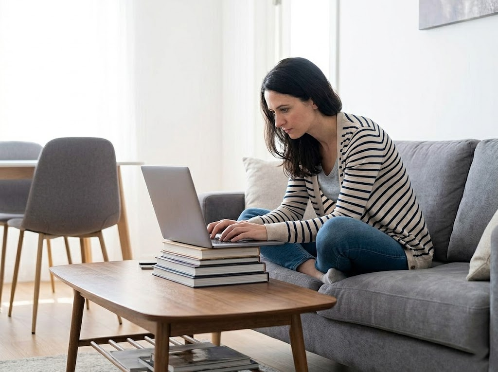 Remote worker in casual clothes on a sofa, laptop on a stack of books. 