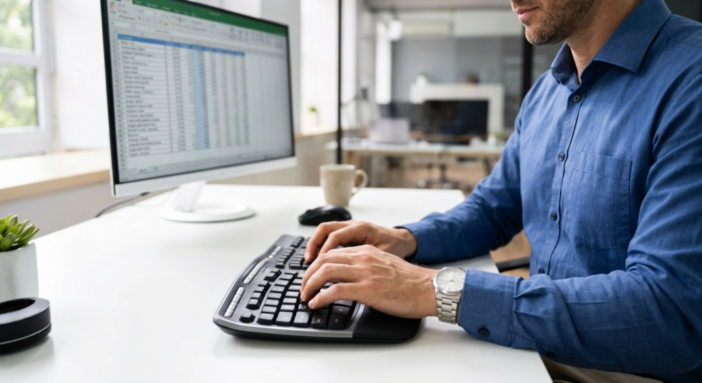 An office worker's hands typing rapidly on a keyboard, illustrating the potential strain from a continuous data entry task. 