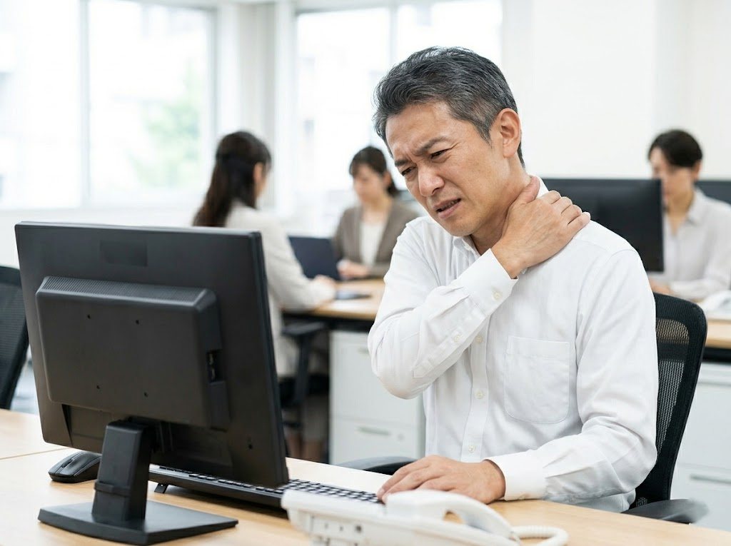 An office worker experiencing neck and upper back pain.