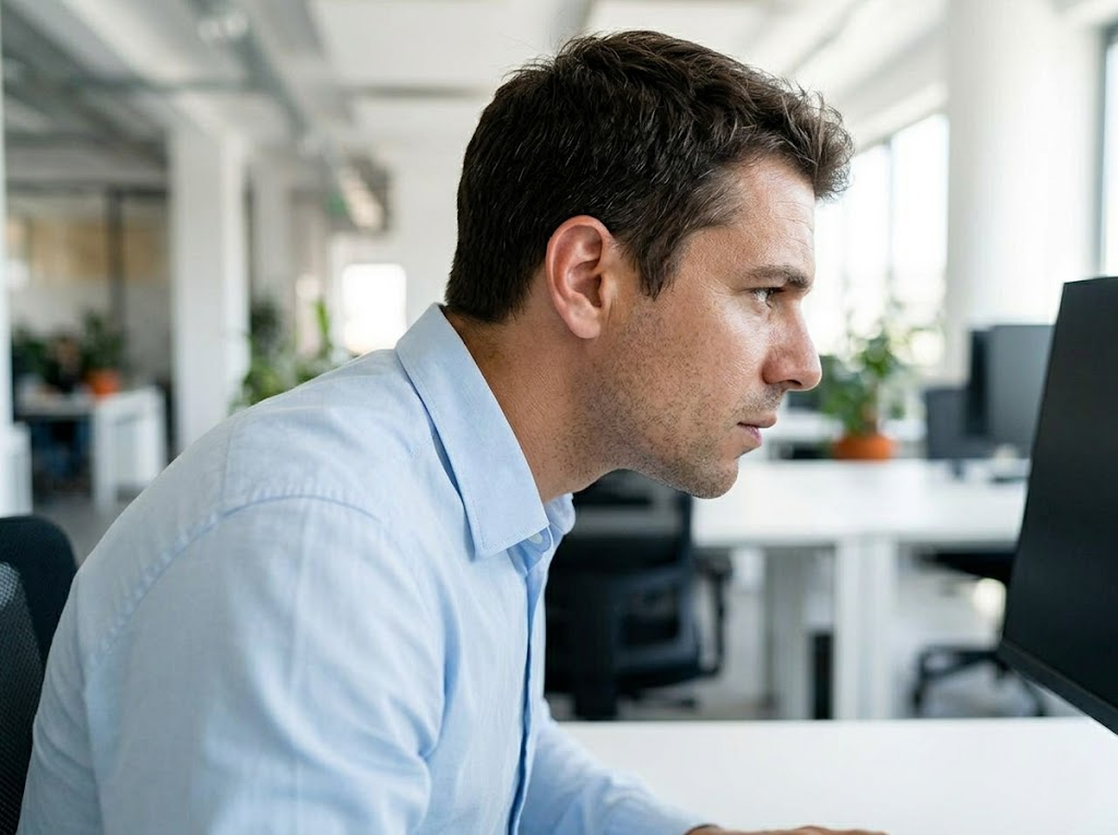 Close-up of a person displaying forward head posture at a computer. 