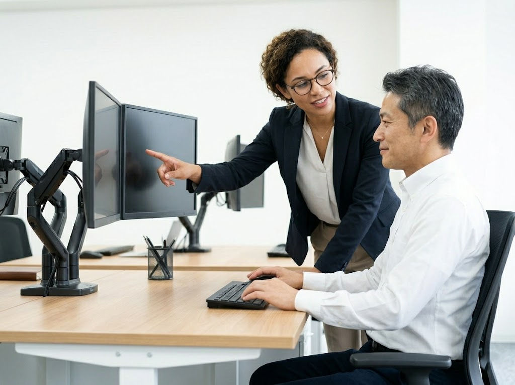 An ergonomics consultant conducting a personalized workstation assessment.