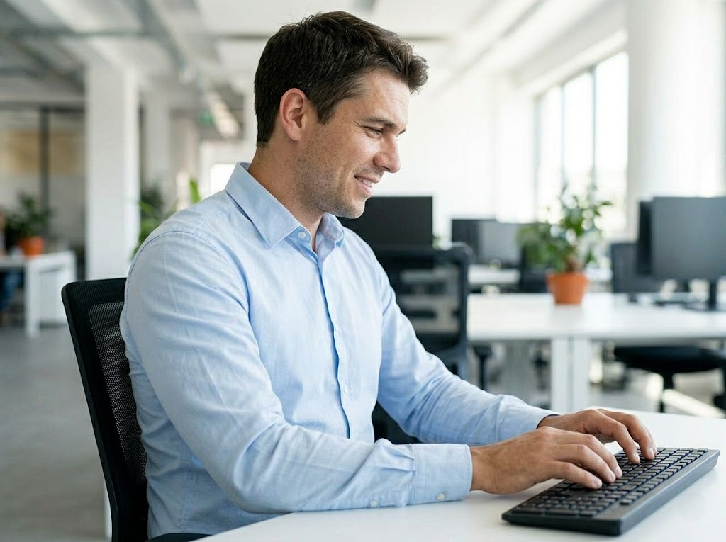 Smiling worker using an optimized ergonomic setup comfortably. 